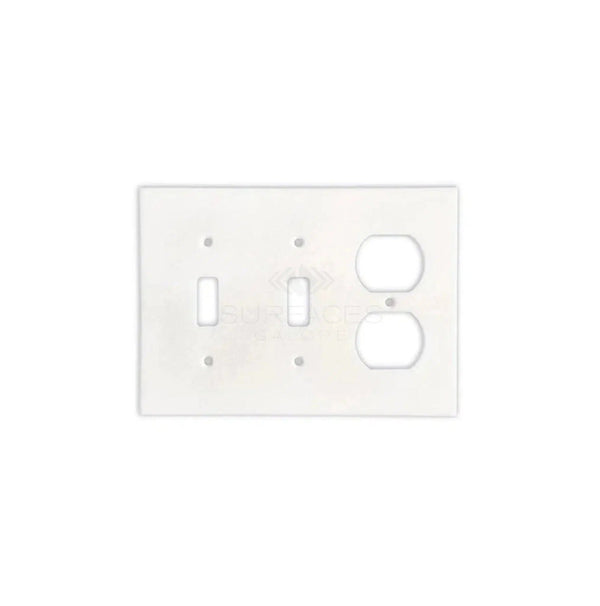 The Thassos White Marble Double TOGGLE - DUPLEX Switch Wall Plate/Cover Plate/Switch Plate by SurfacesGalore, featuring one switch opening and two outlet openings, is designed to complement natural stone décor and is presented on a white background.