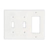 The Thassos White Marble Double TOGGLE - ROCKER Switch Wall Plate from SurfacesGalore features two openings: one for a toggle switch and the other for a rectangular outlet. This natural stone switch plate cover adds an elegant touch to any room.