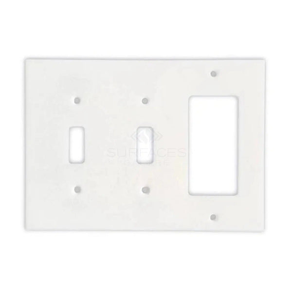 The Thassos White Marble Double TOGGLE - ROCKER Switch Wall Plate from SurfacesGalore features two openings: one for a toggle switch and the other for a rectangular outlet. This natural stone switch plate cover adds an elegant touch to any room.