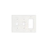 Introducing the SurfacesGalore Thassos White Marble Double TOGGLE - ROCKER Switch Wall Plate/Cover Plate/Switch Plate, a sophisticated wall plate featuring a white 2-toggle and 1-rocker/GFCI design with six screw holes, set against a pristine white marble background.