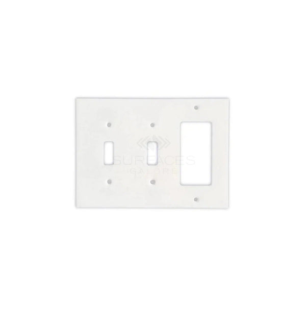 Introducing the SurfacesGalore Thassos White Marble Double TOGGLE - ROCKER Switch Wall Plate/Cover Plate/Switch Plate, a sophisticated wall plate featuring a white 2-toggle and 1-rocker/GFCI design with six screw holes, set against a pristine white marble background.