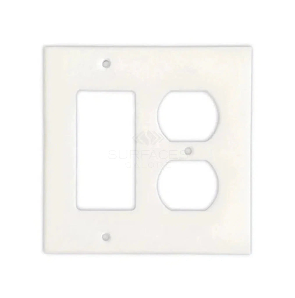 Thassos White Marble ROCKER - DUPLEX Switch Wall Plate/Cover Plate/Switch Plate by SurfacesGalore, featuring one rectangular and two circular switch openings, designed to seamlessly complement authentic marble wall plates.