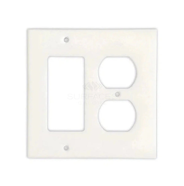 Thassos White Marble ROCKER - DUPLEX Switch Wall Plate/Cover Plate/Switch Plate by SurfacesGalore, featuring one rectangular and two circular switch openings, designed to seamlessly complement authentic marble wall plates.