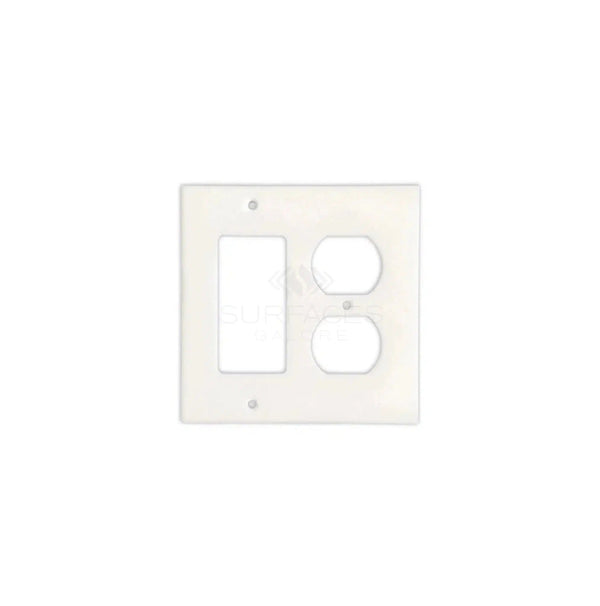 The Thassos White Marble ROCKER - DUPLEX Switch Wall Plate/Cover Plate/Switch Plate by SurfacesGalore features an authentic marble wall plate design, with one rectangular cutout for a switch and two round cutouts for outlets.