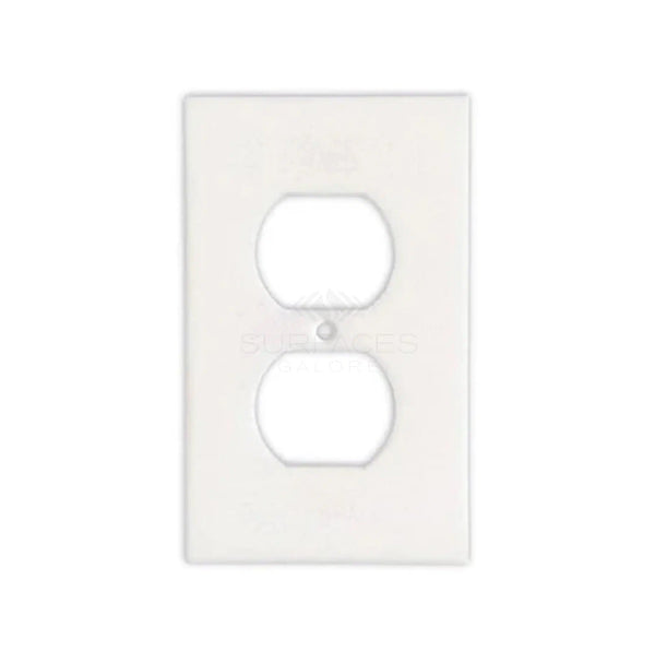 The Thassos White Marble Single DUPLEX Plate Switch Wall Plate from SurfacesGalore is a luxurious and elegant white outlet cover plate with two holes for plugging in devices, perfect for enhancing your home décor.