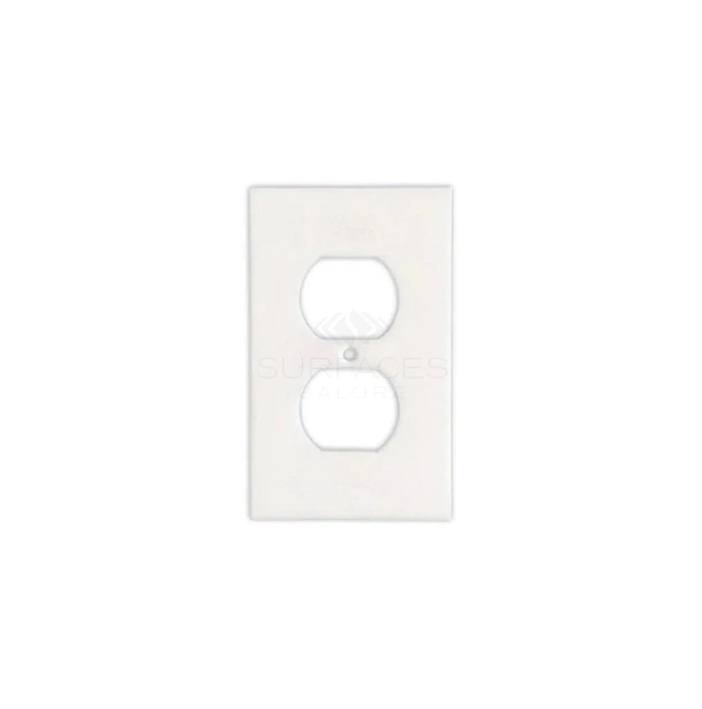 The Thassos White Marble Single DUPLEX Plate Switch Wall Plate/Cover Plate/Switch Plate by SurfacesGalore is a rectangular electrical outlet cover with two circular openings that seamlessly blends into any luxury home décor.