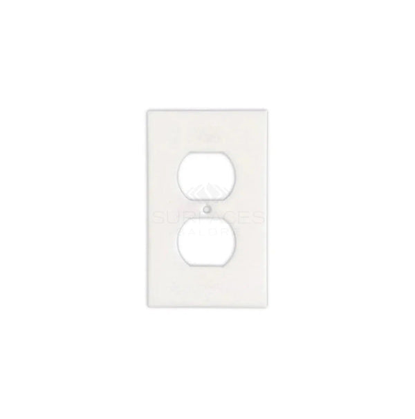 The Thassos White Marble Single DUPLEX Plate Switch Wall Plate/Cover Plate/Switch Plate by SurfacesGalore is a rectangular electrical outlet cover with two circular openings that seamlessly blends into any luxury home décor.