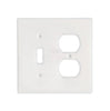 The Thassos White Marble TOGGLE - DUPLEX Switch Wall Plate/Cover Plate/Switch Plate by SurfacesGalore is a white outlet cover plate featuring spaces for a switch on the left and a double socket on the right, designed to mimic the elegance of authentic marble wall plate covers.