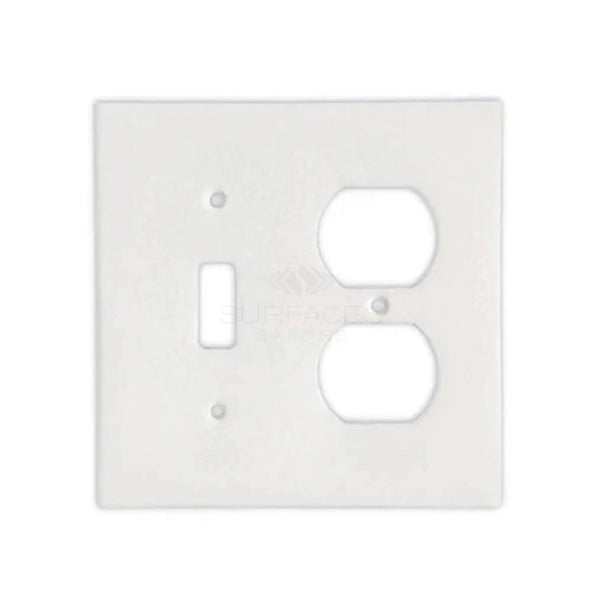 The Thassos White Marble TOGGLE - DUPLEX Switch Wall Plate/Cover Plate/Switch Plate by SurfacesGalore is a white outlet cover plate featuring spaces for a switch on the left and a double socket on the right, designed to mimic the elegance of authentic marble wall plate covers.