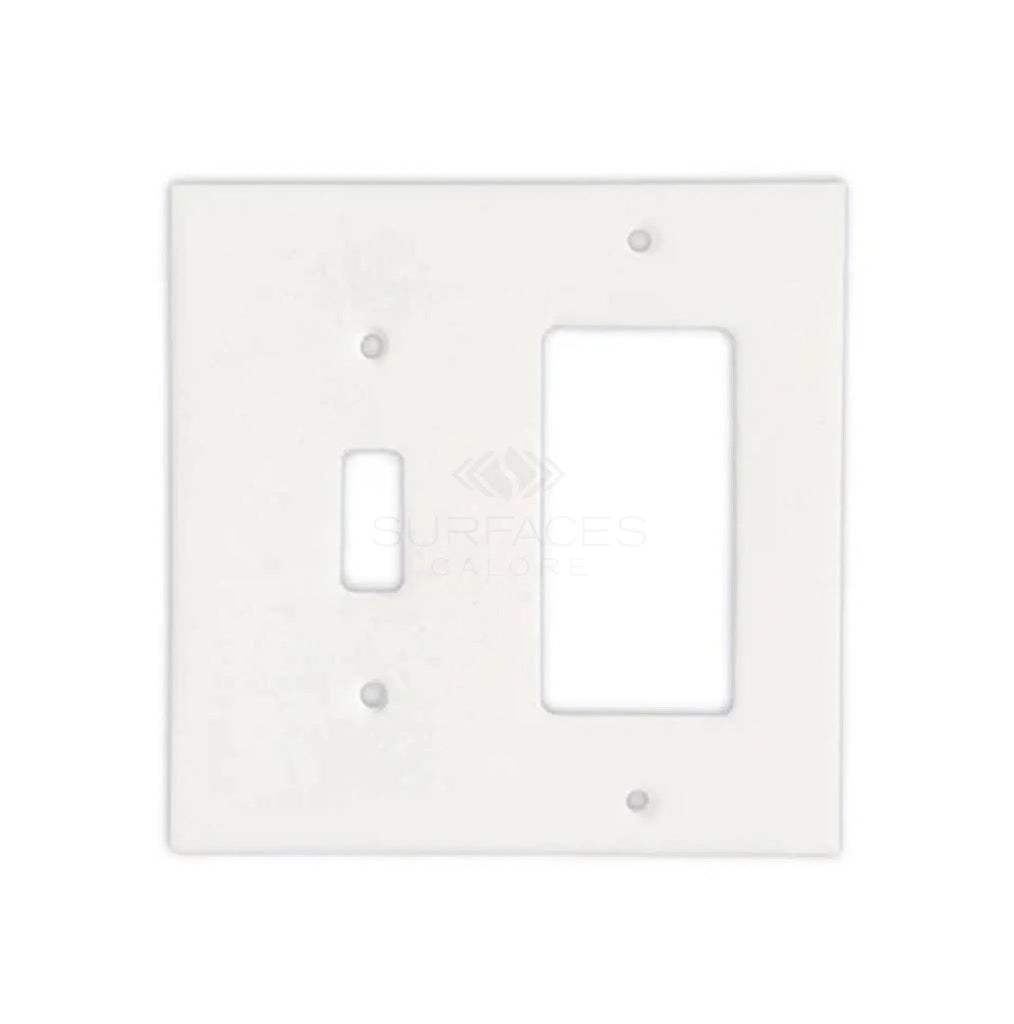 The SurfacesGalore Thassos White Marble TOGGLE - ROCKER Switch Wall Plate/Cover Plate/Switch Plate features one toggle switch opening and one rectangular outlet opening, designed to mimic an authentic marble wall plate, perfect for luxury home decor.