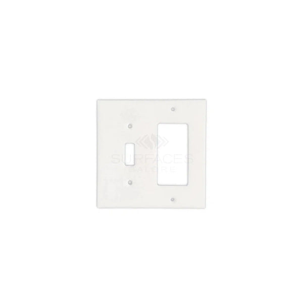 The Thassos White Marble TOGGLE - ROCKER Switch Wall Plate/Cover Plate/Switch Plate by SurfacesGalore features one toggle switch opening and one rectangular outlet opening, designed as a natural stone switch plate for luxury home decor.