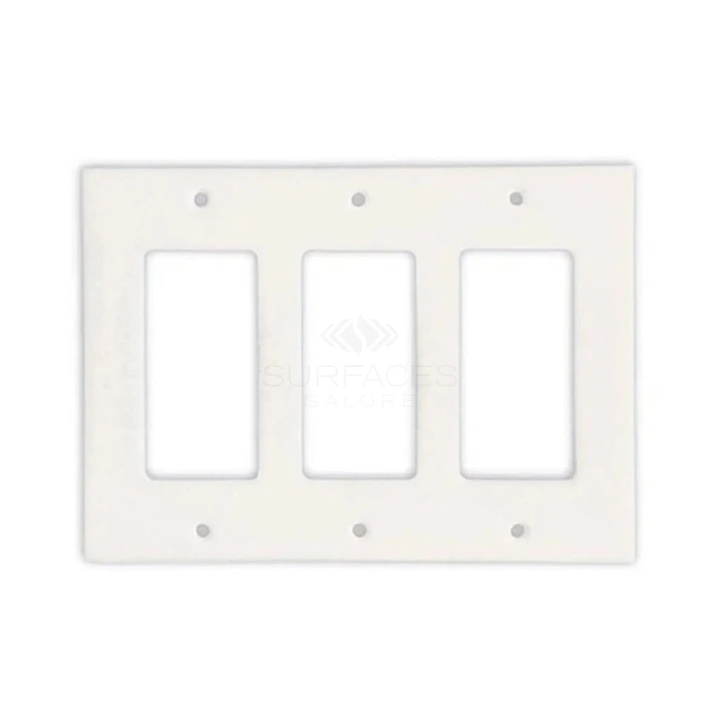 The Thassos White Marble Triple ROCKER Plate Switch Wall Plate / Cover Plate / Switch by SurfacesGalore features three rectangular openings and comes with mounting screw holes. This white triple switch design adds an elegant touch to any room, seamlessly blending with various decor styles.