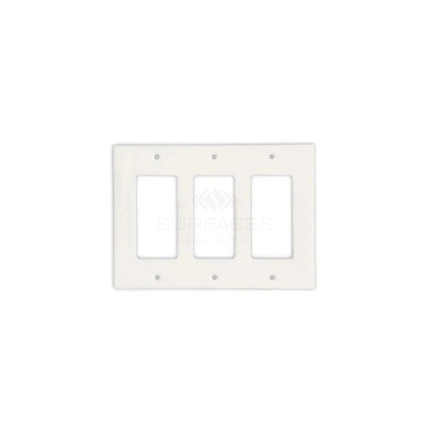 The Thassos White Marble Triple ROCKER Plate Switch Wall Plate / Cover Plate / Switch by SurfacesGalore, featuring elegant rectangular openings, is mounted on a plain white background. This switch plate cover boasts a sleek and modern design that seamlessly blends into any decor.