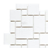 Thassos White (Greek) Mini-Versailles Pattern Mosaic Marble Polished-Honed tiles from SurfacesGalore are arranged in an interlocking pattern on a white background.