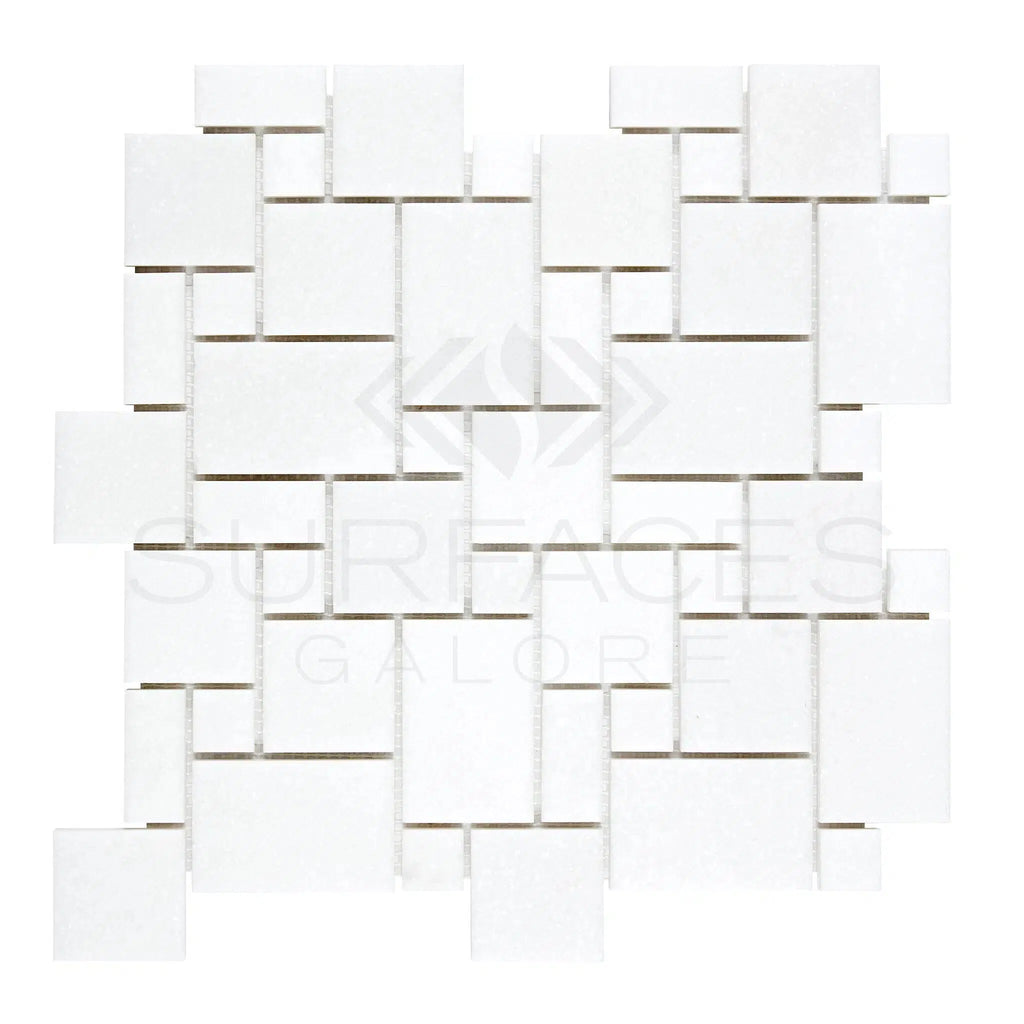 Thassos White (Greek) Mini - Versailles Pattern Mosaic Marble Polished - Honed - SurfacesGalorePolished