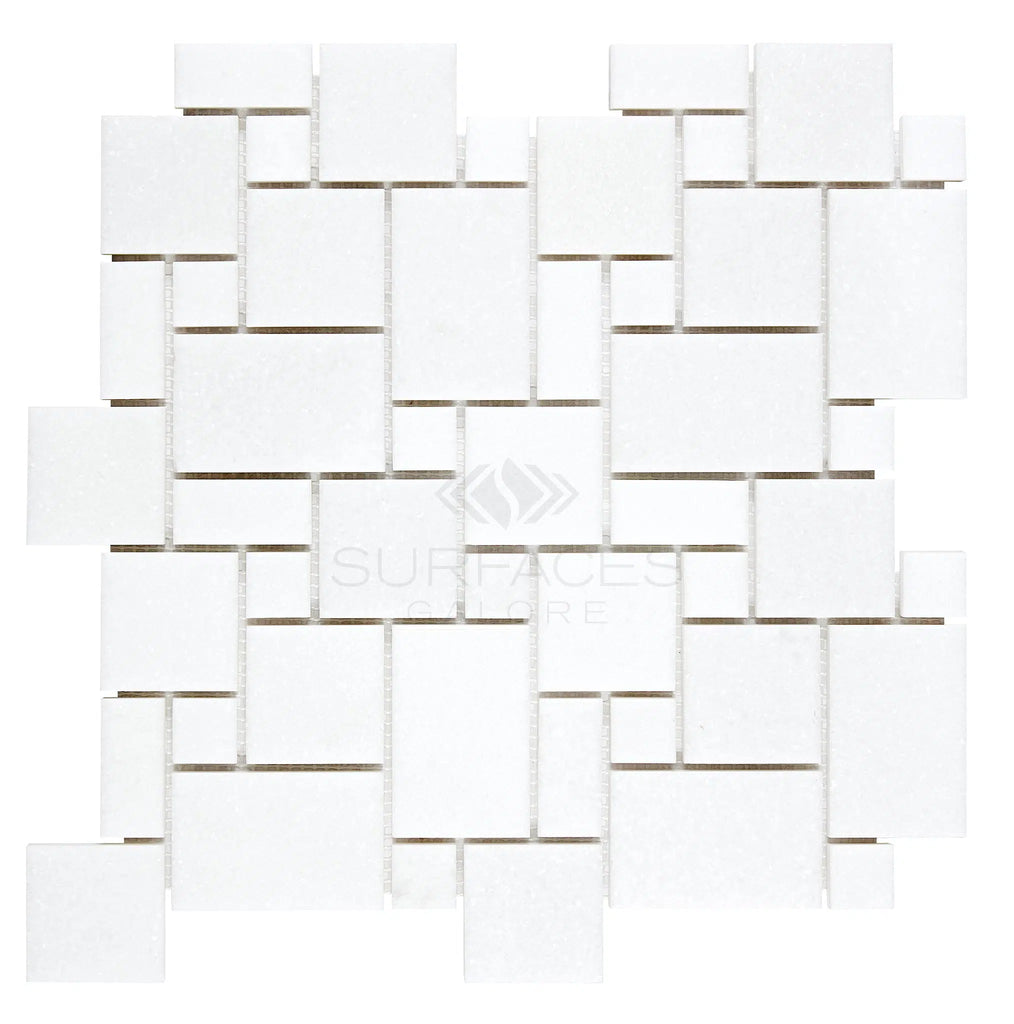 A geometric pattern of SurfacesGalore's Thassos White (Greek) Mini-Versailles Pattern Mosaic Marble Polished-Honed tiles arranged in a staggered, interlocking design.