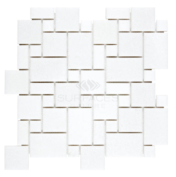 A geometric pattern of SurfacesGalore's Thassos White (Greek) Mini-Versailles Pattern Mosaic Marble Polished-Honed tiles arranged in a staggered, interlocking design.