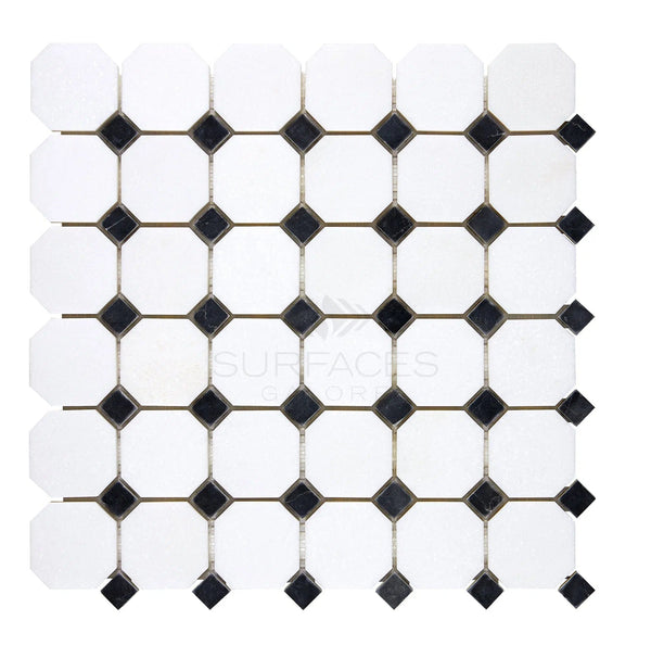 Discover the Thassos White (Greek) Octagon (w/ Black) Mosaic Marble Polished-Honed in our Thassos Collection, featuring a striking black and white geometric tile design with square octagons and black diamonds at the center of each octagon. Perfect for adding elegance to any space, courtesy of SurfacesGalore.