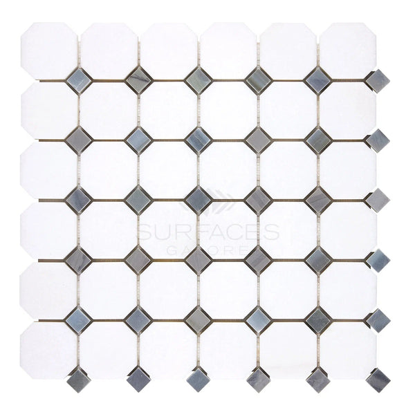 SurfacesGalore offers Thassos White (Greek) Octagon (w/ Blue-Gray) Mosaic Marble Polished-Honed tiles, featuring white octagonal tiles with small gray diamond tiles at each intersection arranged in a grid pattern, creating an elegant and timeless look reminiscent of Thassos White Marble.