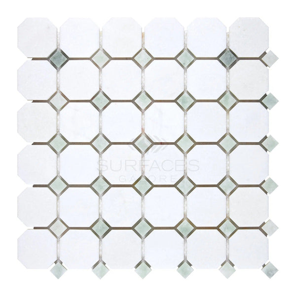 Discover the Thassos White (Greek) Octagon (w/ Ming-Green) Mosaic Marble Polished-Honed pattern, featuring pure white marble octagons and small green diamonds at each corner arranged in a geometric grid, available exclusively at SurfacesGalore.