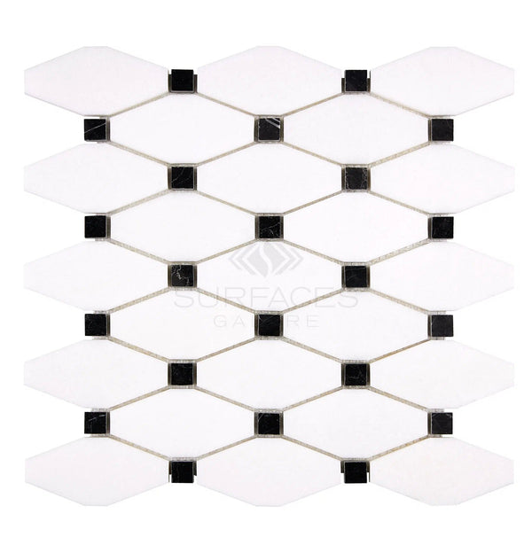 The SurfacesGalore Thassos White (Greek) Octave (Long Octagon) Mosaic Marble Polished-Honed features a sophisticated pattern of white geometric tiles with diamond-shaped pieces and small black square accents at the intersections, meticulously crafted from pure Thassos White Marble.