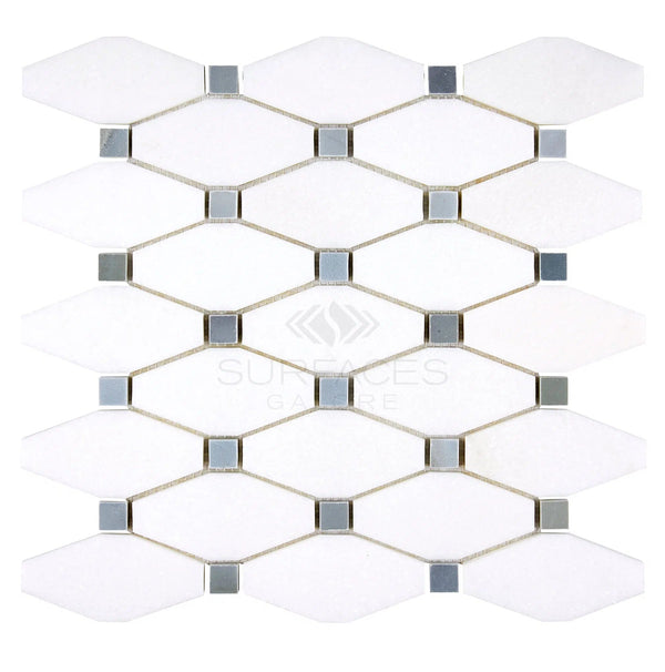 Introducing the Thassos White (Greek) Octave (Long Octagon) (with Blue-Gray) Mosaic Marble Polished-Honed by SurfacesGalore, a stunning geometric tile pattern featuring pure white Thassos Marble diamonds and small blue-gray squares. Exclusively available at SurfacesGalore.