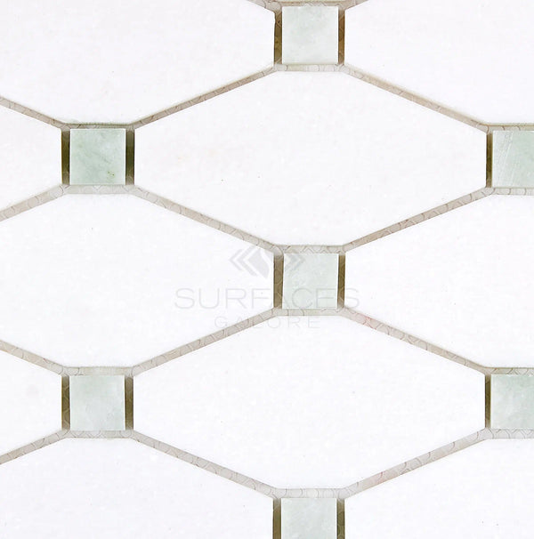 A luxurious Thassos White (Greek) Octave (Long Octagon) mosaic marble with Ming-Green accents at each corner intersection, available polished and honed from SurfacesGalore.