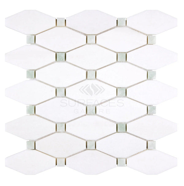 The Thassos White (Greek) Octave (Long Octagon) Mosaic Marble with Ming-Green accents, crafted from exquisite Thassos White Marble and polished-honed to perfection, forms a sophisticated geometric pattern against a plain background. SurfacesGalore brings Greek marble elegance into your space.