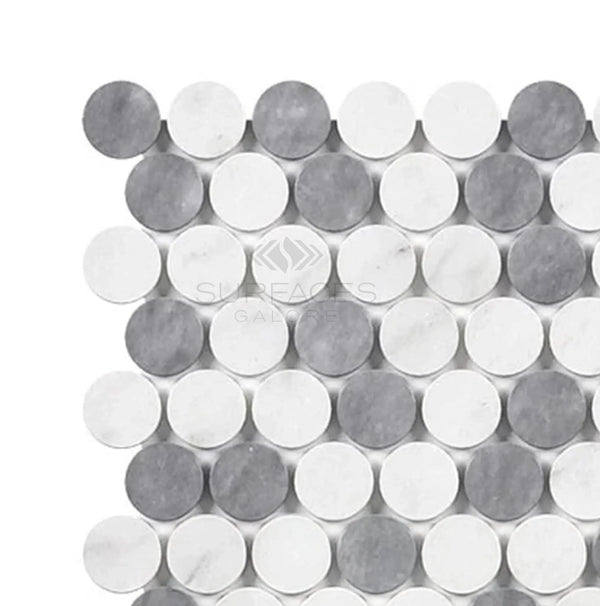 Thassos White (Greek) Penny - Round (Carrara + Thassos + Blue - Gray) Mosaic Marble Polished - Honed - SurfacesGalorePolished