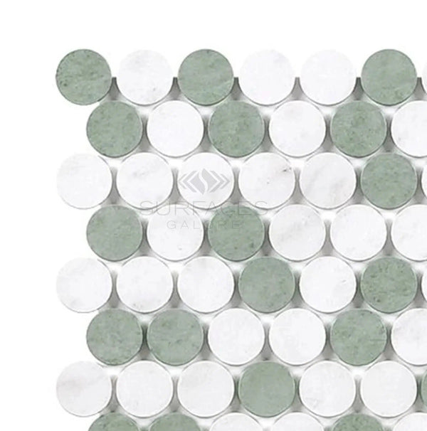 Thassos White (Greek) Penny - Round (Carrara + Thassos + Ming Green) Mosaic Marble Polished - Honed - SurfacesGalorePolished