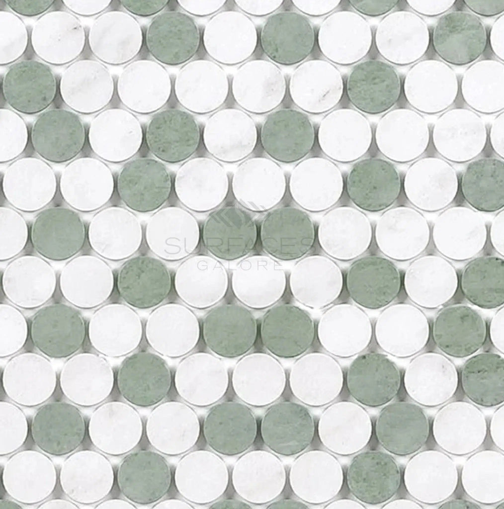 Thassos White (Greek) Penny - Round (Carrara + Thassos + Ming Green) Mosaic Marble Polished - Honed - SurfacesGalorePolished