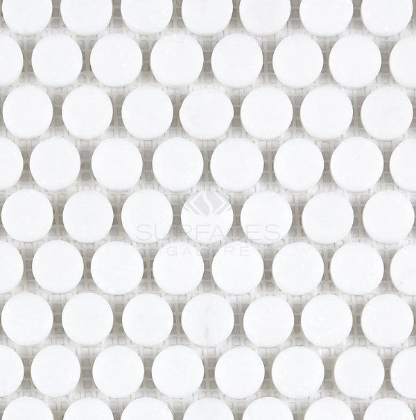 Close-up of the Thassos White (Greek) Penny-Round Mosaic Marble Polished-Honed, featuring evenly spaced round tiles, available at SurfacesGalore.