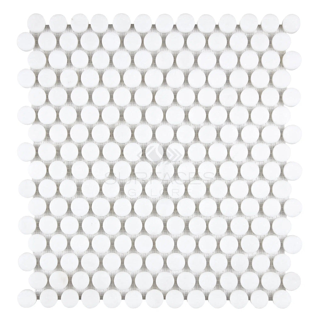 The Thassos White (Greek) Penny-Round Mosaic Marble Polished-Honed tile sheet showcases small, circular tiles arranged in a square pattern and is exclusively available at SurfacesGalore.