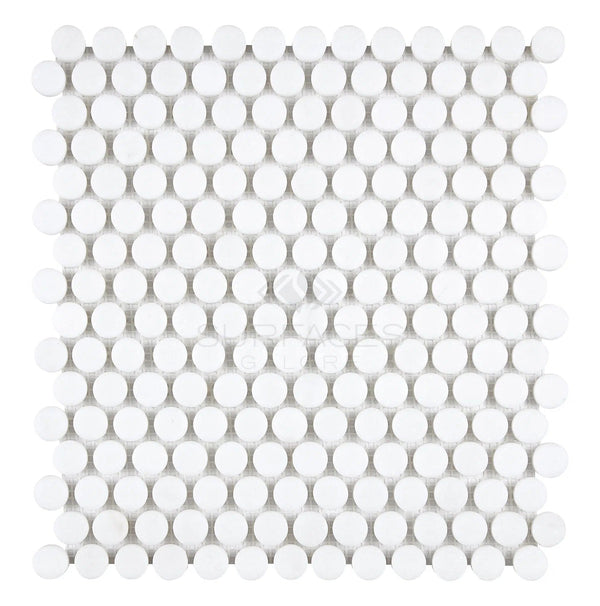 The Thassos White (Greek) Penny-Round Mosaic Marble Polished-Honed tile sheet showcases small, circular tiles arranged in a square pattern and is exclusively available at SurfacesGalore.