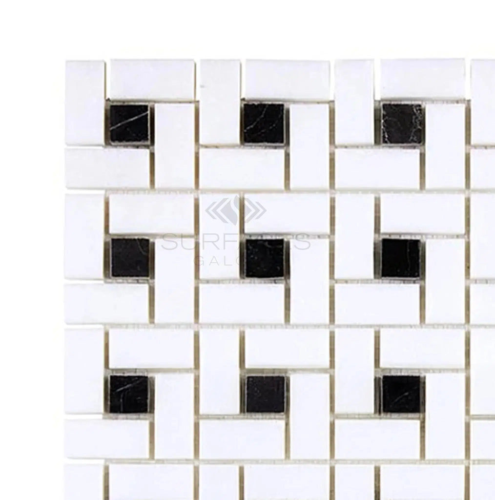 Thassos White (Greek) Pinwheel Mosaic (w/ Black) Mosaic Marble Polished - Honed - SurfacesGalorePolished