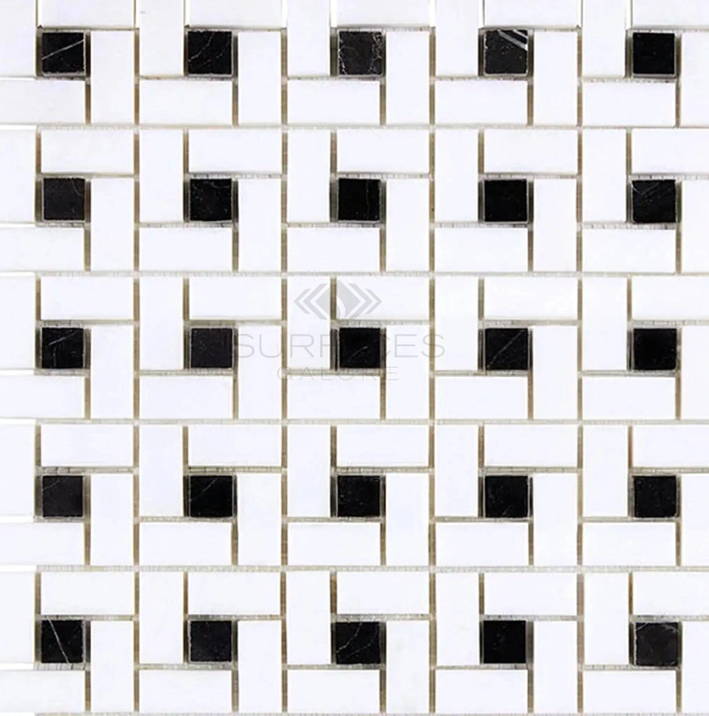 Thassos White (Greek) Pinwheel Mosaic (w/ Black) Mosaic Marble Polished - Honed - SurfacesGalorePolished