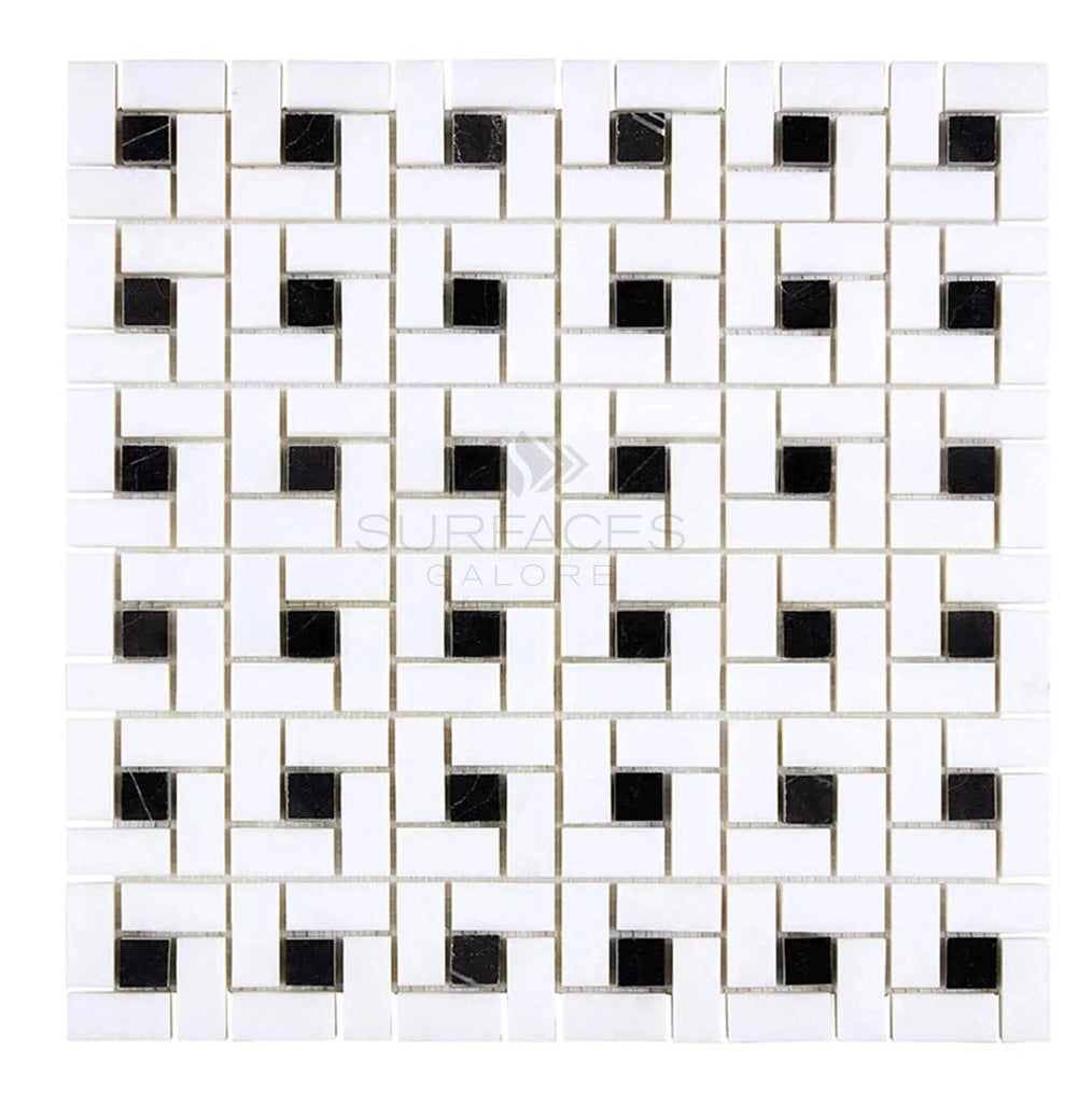 Thassos White (Greek) Pinwheel Mosaic (w/ Black) Mosaic Marble Polished - Honed - SurfacesGalorePolished