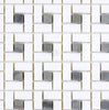 A close-up of a white and blue-gray pinwheel mosaic pattern, featuring interwoven rectangles with dark square accents, reminiscent of the luxurious Thassos White (Greek) Pinwheel Mosaic (w/ Blue-Gray) Marble Polished-Honed from the SurfacesGalore collection.