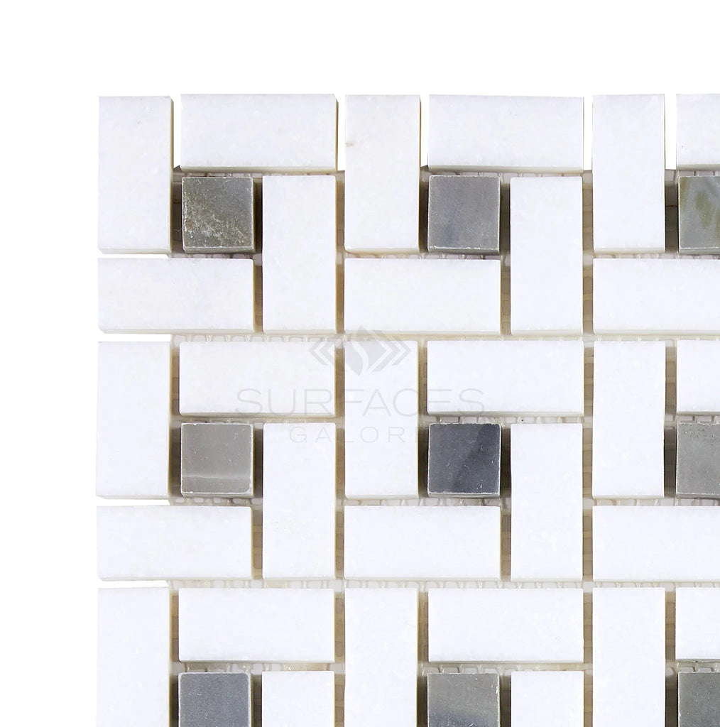 The Thassos White (Greek) Pinwheel Mosaic (with Blue-Gray) from SurfacesGalore features an intricate geometric design with square accents, meticulously crafted from exquisite Thassos White Marble and finished in a polished-honed blend.