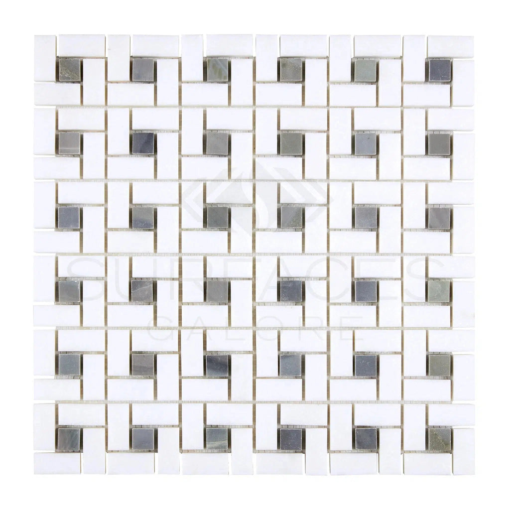 Thassos White (Greek) Pinwheel Mosaic (w/ Blue - Gray) Mosaic Marble Polished - Honed - SurfacesGalorePolished