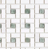 A geometric pinwheel pattern from SurfacesGalore, featuring Thassos White (Greek) Marble rectangular tiles and small Ming-Green square tiles at intersections, polished and honed for a refined finish.