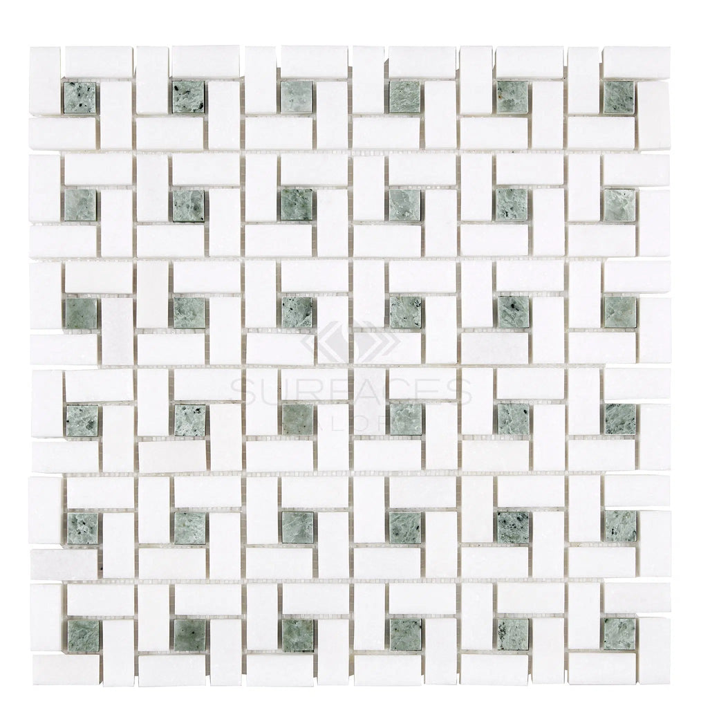 Thassos White (Greek) Pinwheel Mosaic (w/ Ming-Green) Mosaic Marble Polished-Honed