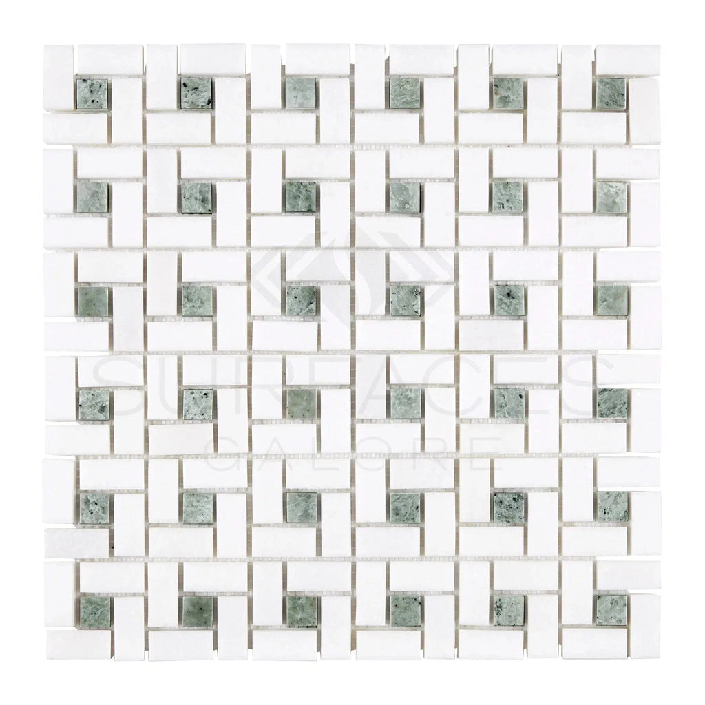 Thassos White (Greek) Pinwheel Mosaic (w/ Ming-Green) Mosaic Marble Polished-Honed