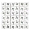 Discover the exclusive Thassos White (Greek) Pinwheel Mosaic (with Ming-Green) Mosaic Marble Polished-Honed tiles at SurfacesGalore, featuring a stunning grid-like design with green square accents.