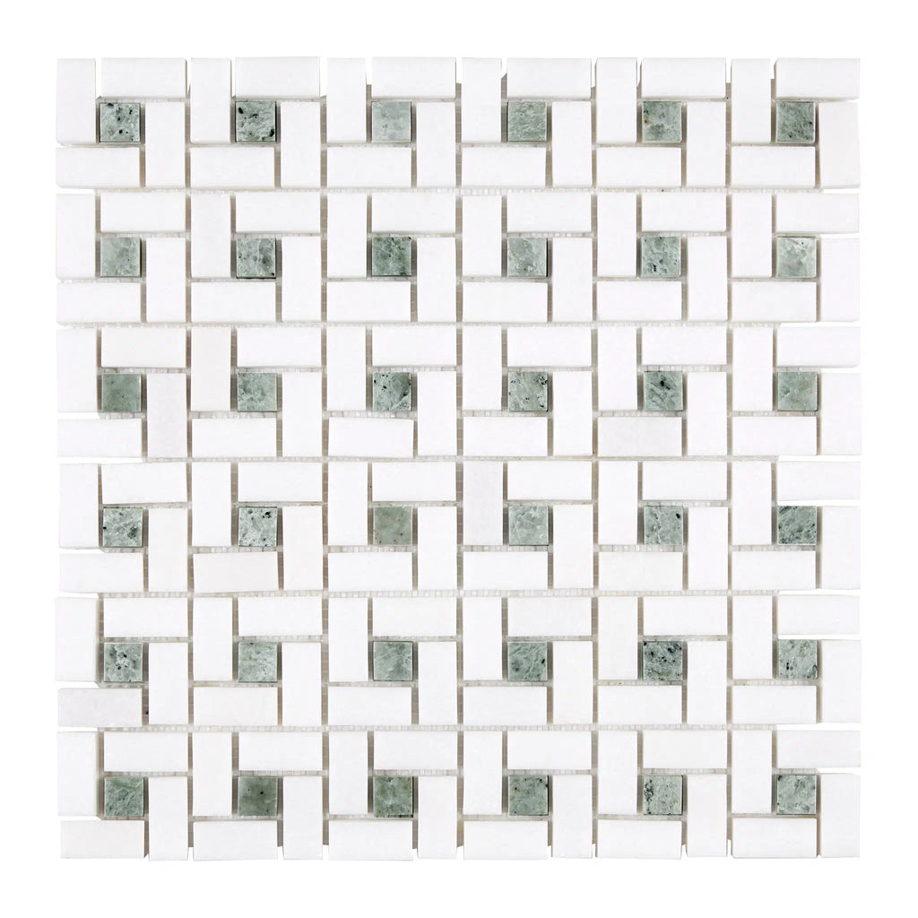 Thassos White (Greek) Pinwheel Mosaic (w/ Ming-Green) Mosaic Marble Polished-Honed