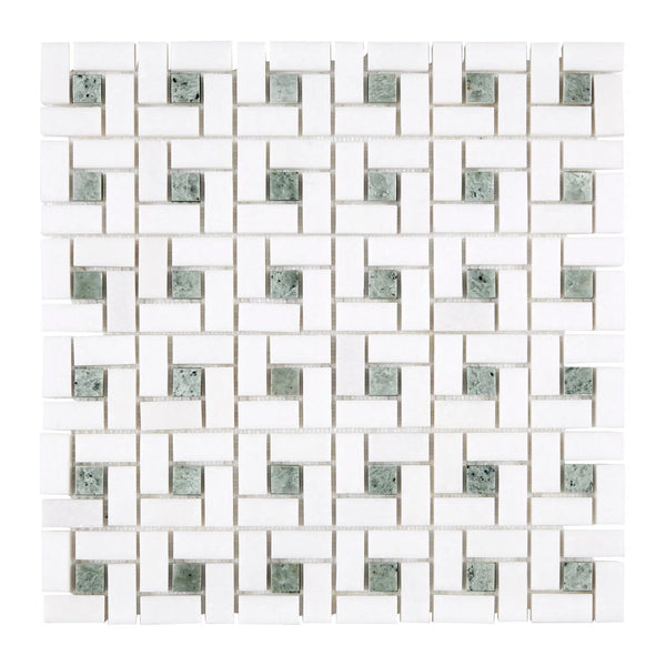 Thassos White (Greek) Pinwheel Mosaic (w/ Ming-Green) Mosaic Marble Polished-Honed