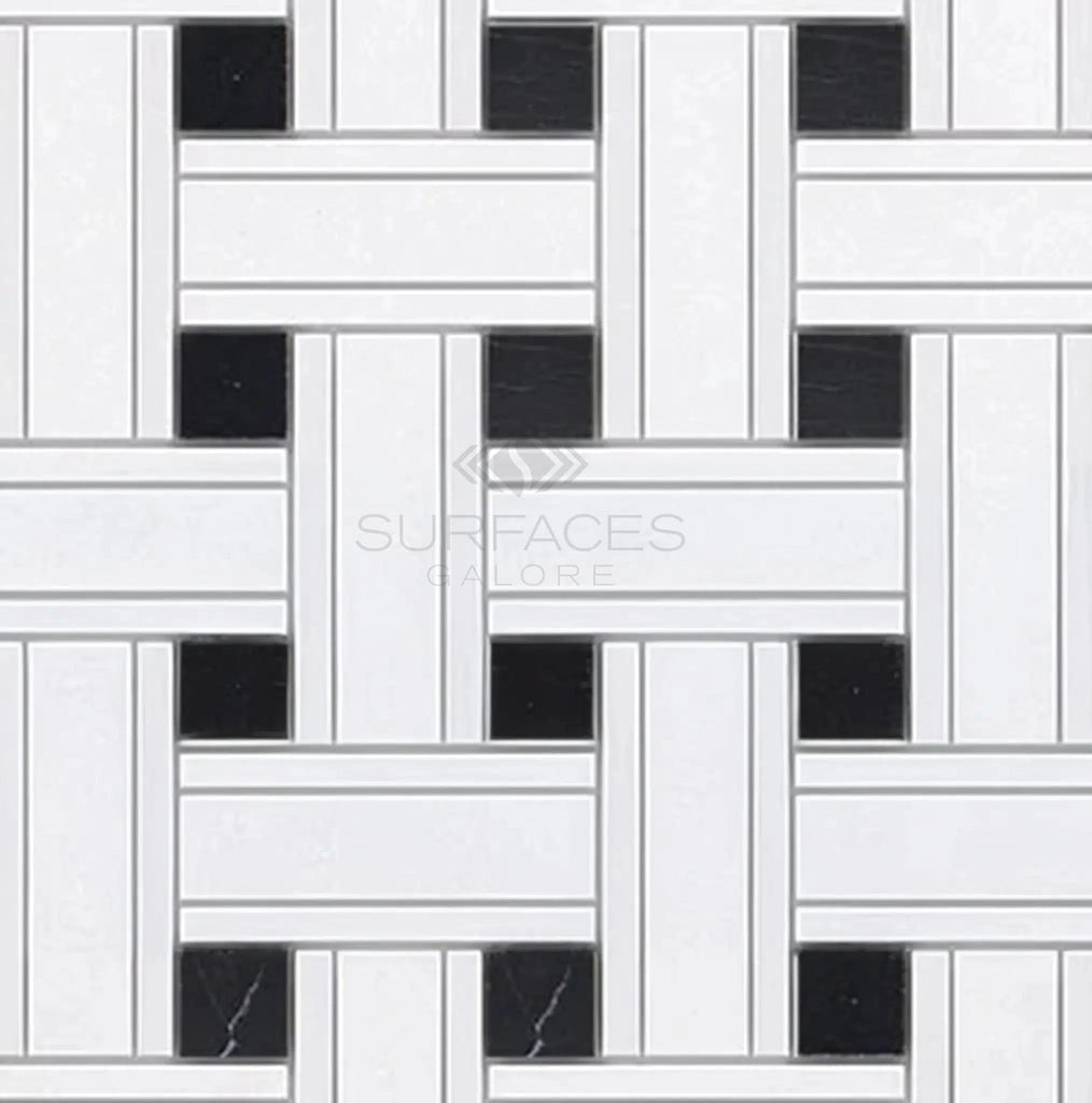 Thassos White (Greek) Triple - Weave (w/ Black) Mosaic Marble Polished - Honed - SurfacesGalorePolished