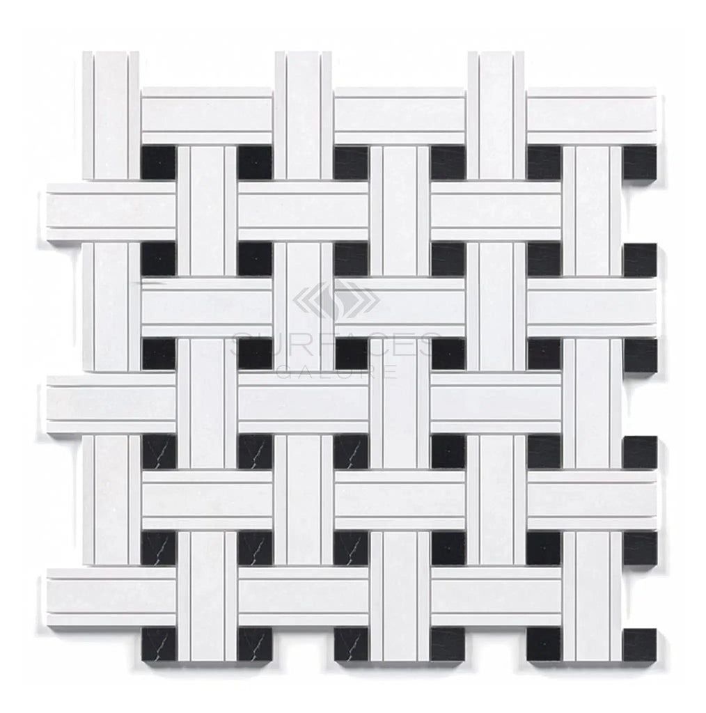 Thassos White (Greek) Triple - Weave (w/ Black) Mosaic Marble Polished - Honed - SurfacesGalorePolished