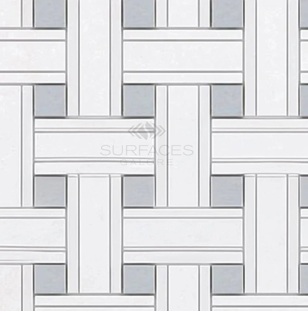 Thassos White (Greek) Triple - Weave (w/ Blue - Gray) Mosaic Marble Polished - Honed - SurfacesGalorePolished