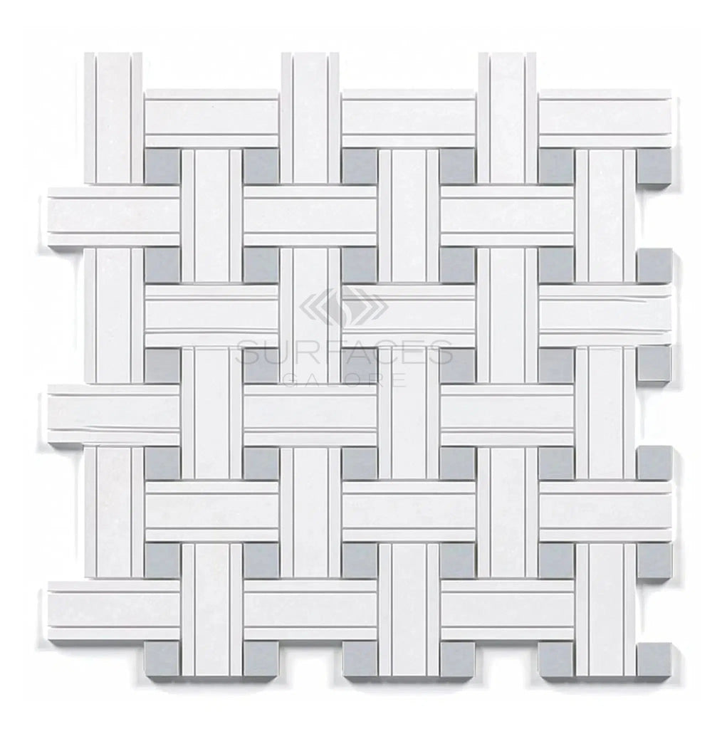 Thassos White (Greek) Triple - Weave (w/ Blue - Gray) Mosaic Marble Polished - Honed - SurfacesGalorePolished